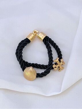 Tory Burch Black Rope Bracelet with Gold Seashell & Logo Charms